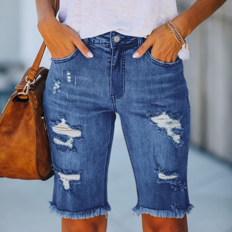Denim Shorts Woman Fashion Tassel Tight Five-Point Washed Shorts-Denim Shorts-Arimonz-Arimonz