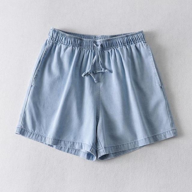 Denim Shorts Women's Drawstring Loose Pockets High Waist Casual Shorts-Denim Shorts-Arimonz-Light Blue-M-Arimonz