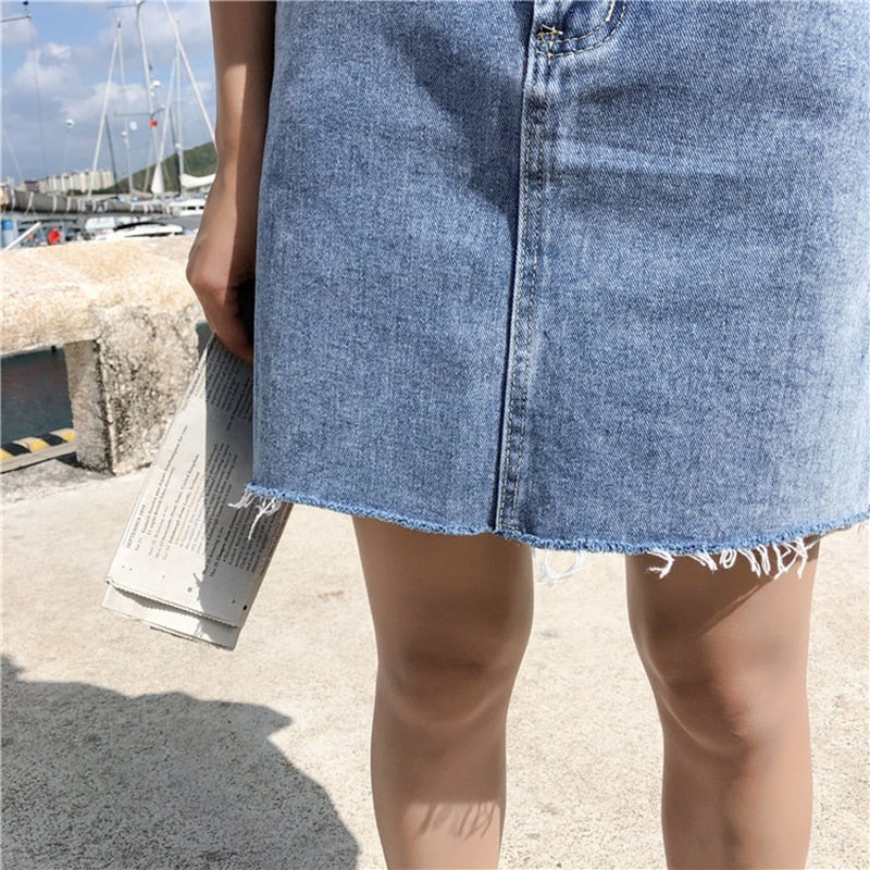 Denim Skirt Women Blue Solid Casual High Waist A Line Denim Skirt-Denim Skirts-Arimonz-Arimonz