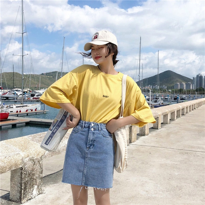 Denim Skirt Women Blue Solid Casual High Waist A Line Denim Skirt-Denim Skirts-Arimonz-Arimonz