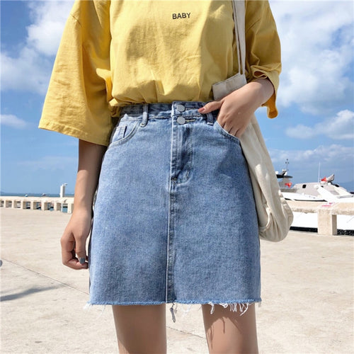 Denim Skirt Women Blue Solid Casual High Waist A Line Denim Skirt-Denim Skirts-Arimonz-S-Arimonz