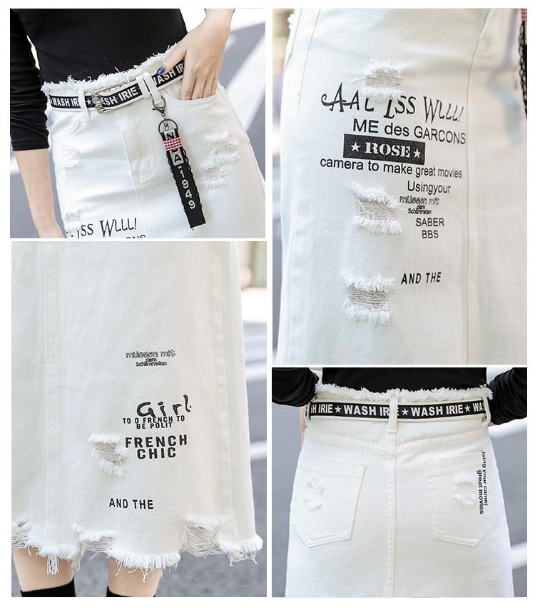 Denim Skirts - Letter Printed White Tassels High Waist Long Denim Skirts
