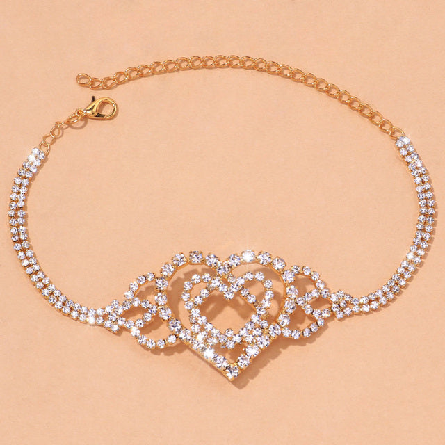 Double Heart Anklet Rhinestone Chain Jewelry Love Foot Chain Anklet-Anklets-Arimonz-Gold-color-Arimonz