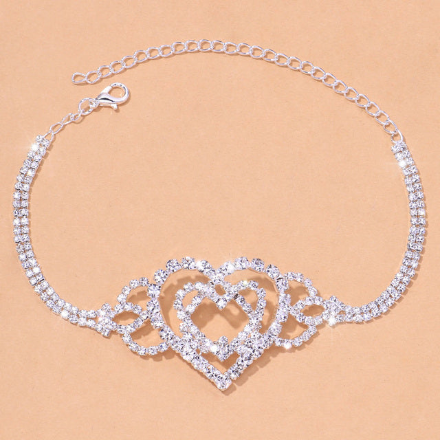 Double Heart Anklet Rhinestone Chain Jewelry Love Foot Chain Anklet-Anklets-Arimonz-Silver Plated-Arimonz