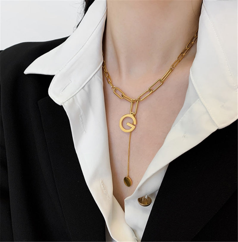 Double Necklace Retro Thick Chain Letter Banquet Women Necklace-Necklaces-Arimonz-Arimonz