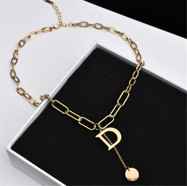 Double Necklace Retro Thick Chain Letter Banquet Women Necklace-Necklaces-Arimonz-Gold D-Arimonz