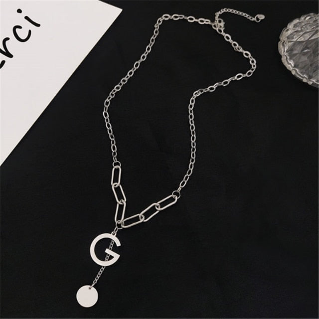 Double Necklace Retro Thick Chain Letter Banquet Women Necklace-Necklaces-Arimonz-Silver G-Arimonz