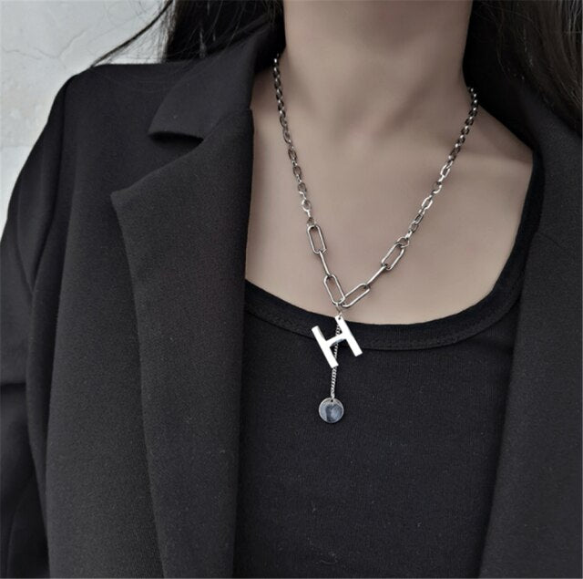 Double Necklace Retro Thick Chain Letter Banquet Women Necklace-Necklaces-Arimonz-Silver H-Arimonz