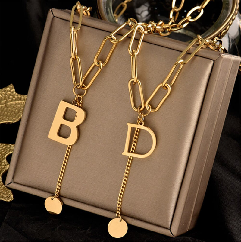 Double Necklace Retro Thick Chain Letter Banquet Women Necklace-Necklaces-Arimonz-Arimonz