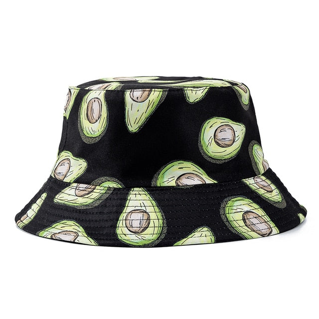 Double-sided Wear Fruit Printing Women Cap Outdoor Sun Hat Bucket Hat-Bucket Hats-Arimonz-Avocado Black-Arimonz