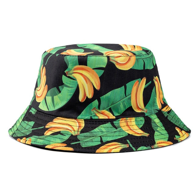 Double-sided Wear Fruit Printing Women Cap Outdoor Sun Hat Bucket Hat-Bucket Hats-Arimonz-Banana Black-Arimonz