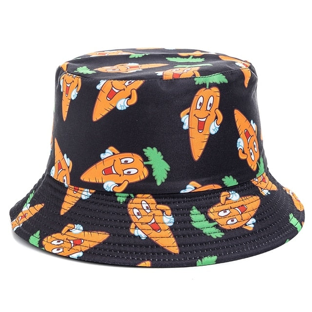 Double-sided Wear Fruit Printing Women Cap Outdoor Sun Hat Bucket Hat-Bucket Hats-Arimonz-Carrots Black-Arimonz