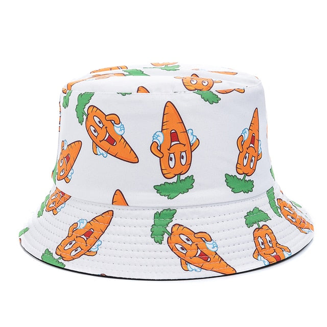 Double-sided Wear Fruit Printing Women Cap Outdoor Sun Hat Bucket Hat-Bucket Hats-Arimonz-Carrots White-Arimonz
