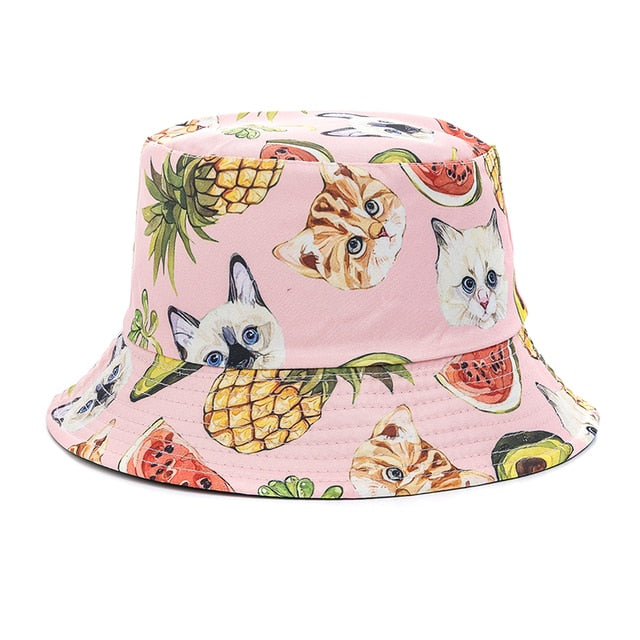 Double-sided Wear Fruit Printing Women Cap Outdoor Sun Hat Bucket Hat-Bucket Hats-Arimonz-Cat Fruit Pink-Arimonz