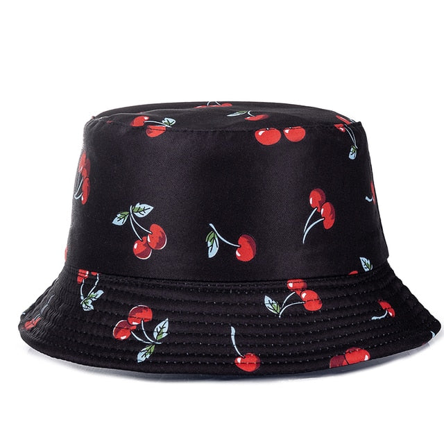 Double-sided Wear Fruit Printing Women Cap Outdoor Sun Hat Bucket Hat-Bucket Hats-Arimonz-Cherry Black-Arimonz