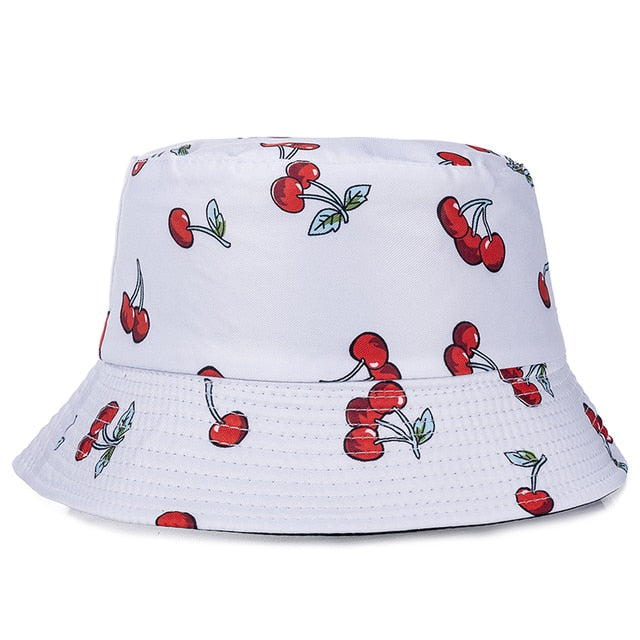 Double-sided Wear Fruit Printing Women Cap Outdoor Sun Hat Bucket Hat-Bucket Hats-Arimonz-Cherry White-Arimonz