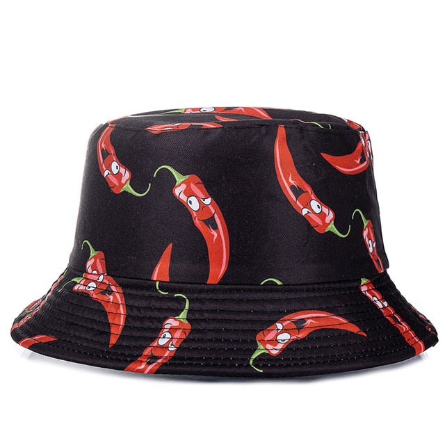 Double-sided Wear Fruit Printing Women Cap Outdoor Sun Hat Bucket Hat-Bucket Hats-Arimonz-Chili Black-Arimonz