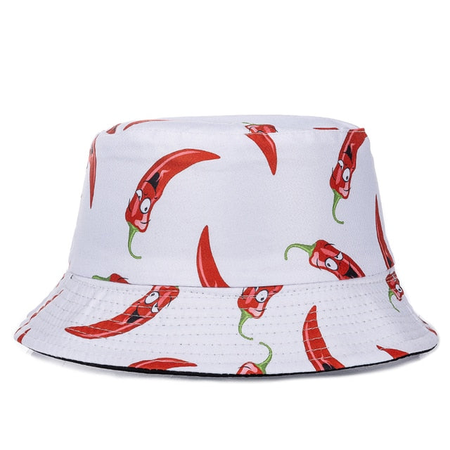 Double-sided Wear Fruit Printing Women Cap Outdoor Sun Hat Bucket Hat-Bucket Hats-Arimonz-Chili White-Arimonz