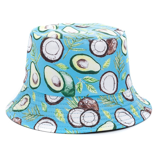 Double-sided Wear Fruit Printing Women Cap Outdoor Sun Hat Bucket Hat-Bucket Hats-Arimonz-Coconut Blue-Arimonz