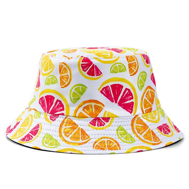 Double-sided Wear Fruit Printing Women Cap Outdoor Sun Hat Bucket Hat-Bucket Hats-Arimonz-Grapefruit White-Arimonz