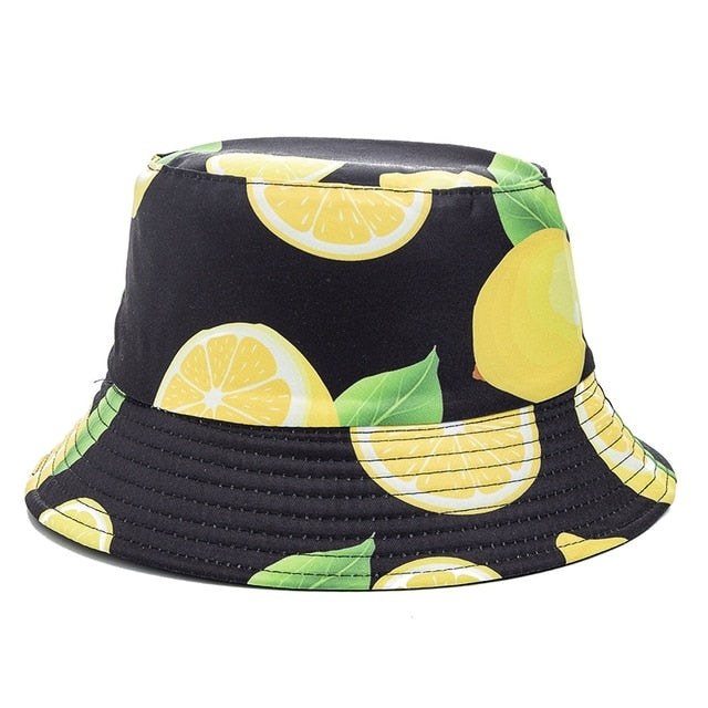Double-sided Wear Fruit Printing Women Cap Outdoor Sun Hat Bucket Hat-Bucket Hats-Arimonz-Half Lemon Black-Arimonz