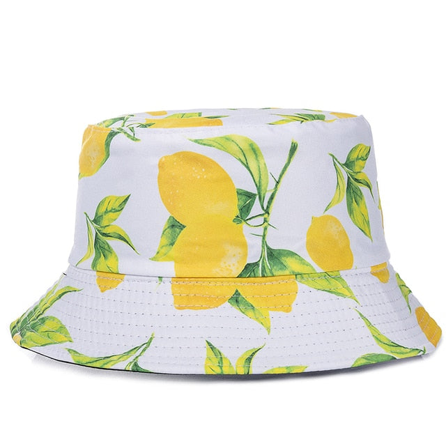 Double-sided Wear Fruit Printing Women Cap Outdoor Sun Hat Bucket Hat-Bucket Hats-Arimonz-Lemon White-Arimonz