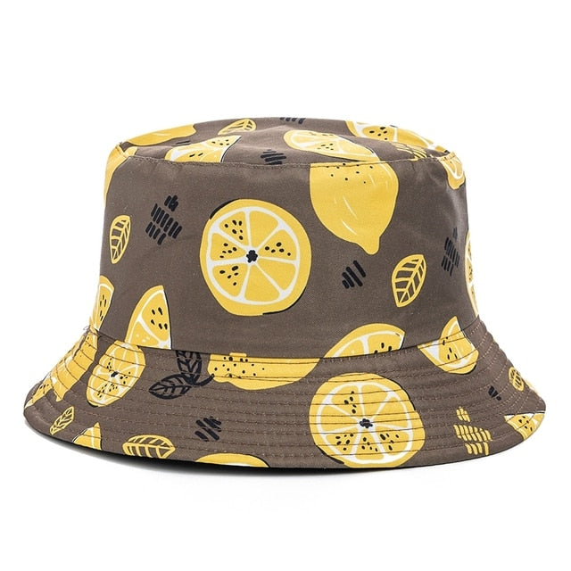 Double-sided Wear Fruit Printing Women Cap Outdoor Sun Hat Bucket Hat-Bucket Hats-Arimonz-Line Lemon Coffee-Arimonz