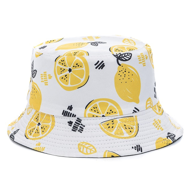 Double-sided Wear Fruit Printing Women Cap Outdoor Sun Hat Bucket Hat-Bucket Hats-Arimonz-Line Lemon White-Arimonz