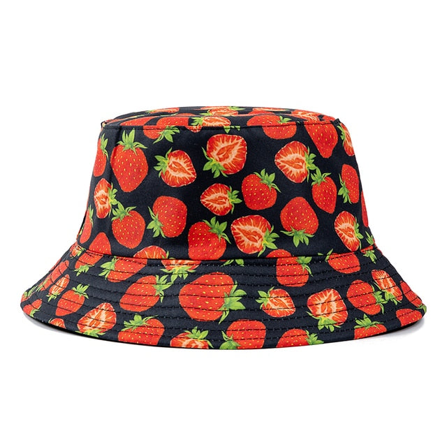 Double-sided Wear Fruit Printing Women Cap Outdoor Sun Hat Bucket Hat-Bucket Hats-Arimonz-Strawberry Black-Arimonz