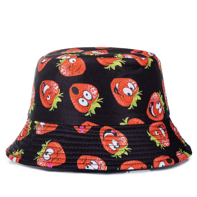 Double-sided Wear Fruit Printing Women Cap Outdoor Sun Hat Bucket Hat-Bucket Hats-Arimonz-Strawberry Black A-Arimonz