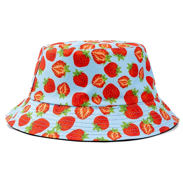 Double-sided Wear Fruit Printing Women Cap Outdoor Sun Hat Bucket Hat-Bucket Hats-Arimonz-Strawberry Blue-Arimonz