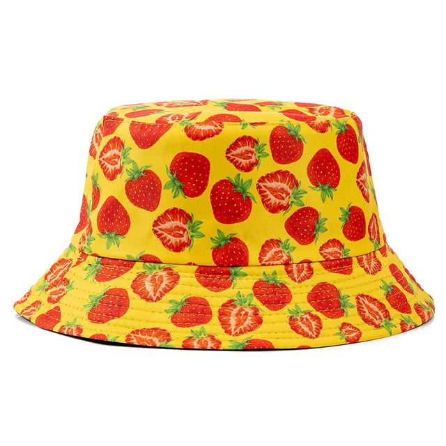Double-sided Wear Fruit Printing Women Cap Outdoor Sun Hat Bucket Hat-Bucket Hats-Arimonz-Strawberry Yellow-Arimonz