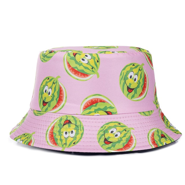 Double-sided Wear Fruit Printing Women Cap Outdoor Sun Hat Bucket Hat-Bucket Hats-Arimonz-Watermelon Pink-Arimonz