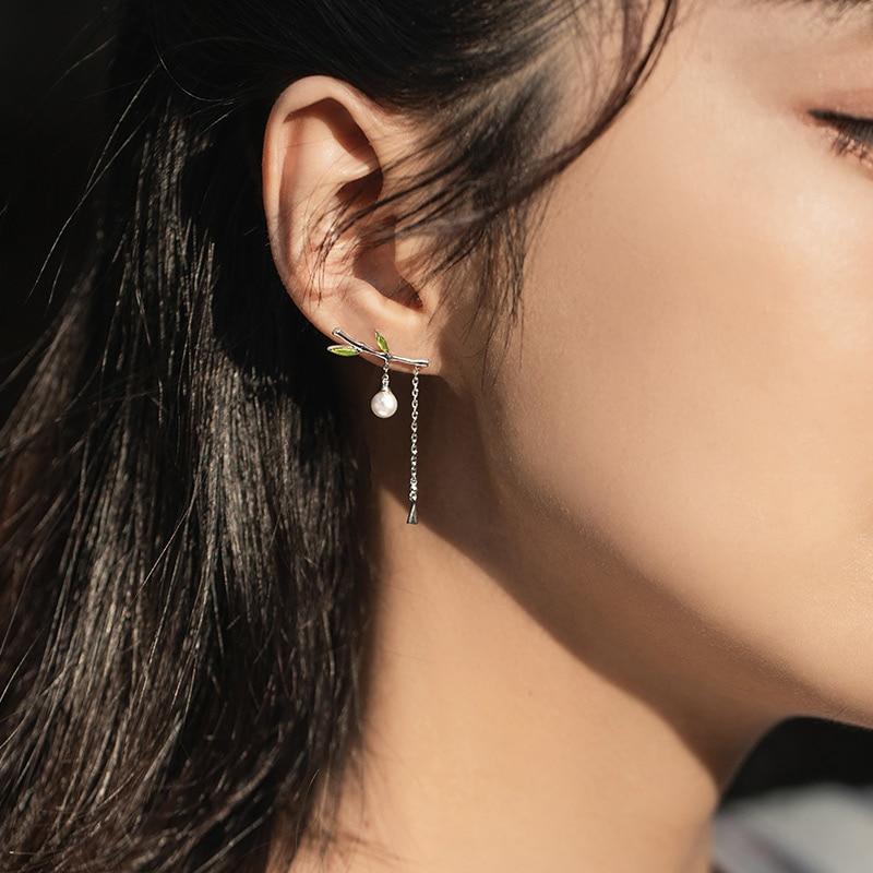 Earrings - Bamboo Dangle Earring With Pearl Retro Style For Women Fine Jewelry