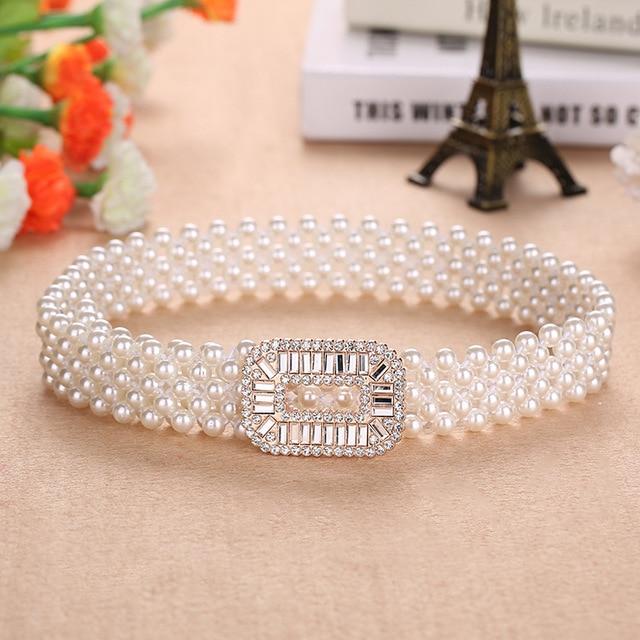 Elegant Metal Pearl Elastic Belt Buckle Chain For Women-Belts-Arimonz-A-Arimonz