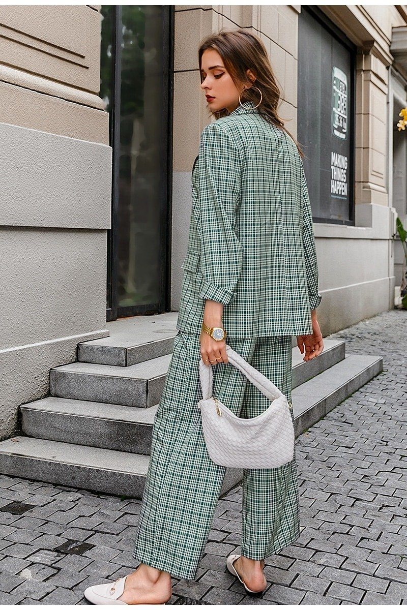 Elegant Plaid Two-piece Women Blazer Suit Casual Suit Blazer Set Chic-Wear To Work Sets-Arimonz-Arimonz