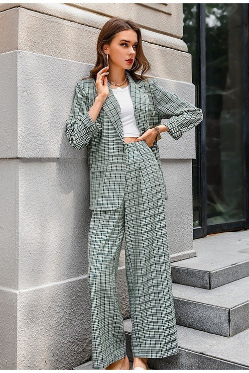 Elegant Plaid Two-piece Women Blazer Suit Casual Suit Blazer Set Chic-Wear To Work Sets-Arimonz-Arimonz