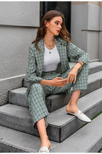 Elegant Plaid Two-piece Women Blazer Suit Casual Suit Blazer Set Chic-Wear To Work Sets-Arimonz-Arimonz