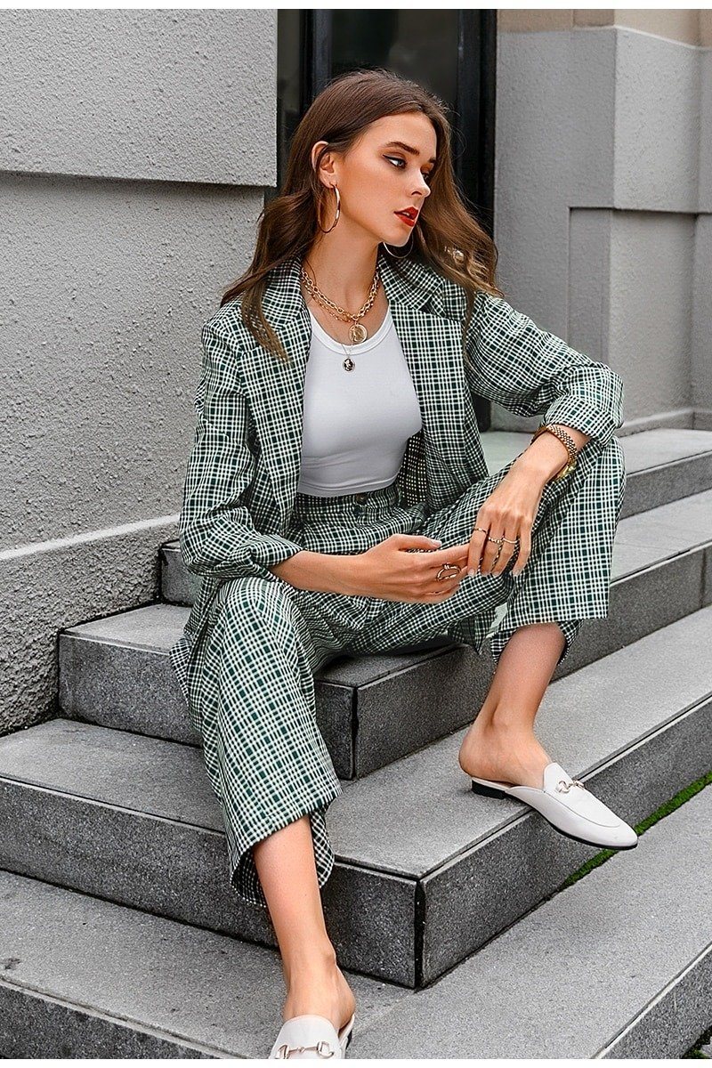 Elegant Plaid Two-piece Women Blazer Suit Casual Suit Blazer Set Chic-Wear To Work Sets-Arimonz-Arimonz
