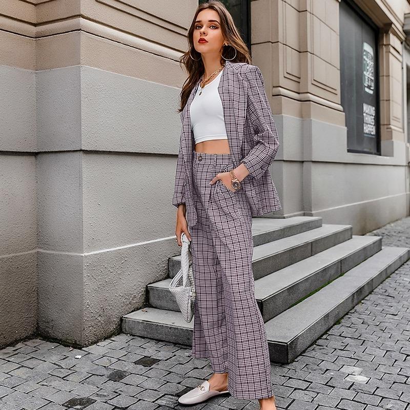 Elegant Plaid Two-piece Women Blazer Suit Casual Suit Blazer Set Chic-Wear To Work Sets-Arimonz-Arimonz