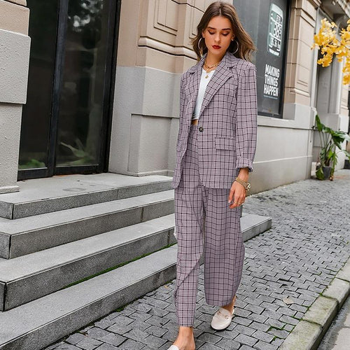 Elegant Plaid Two-piece Women Blazer Suit Casual Suit Blazer Set Chic-Wear To Work Sets-Arimonz-Purple-S-Arimonz