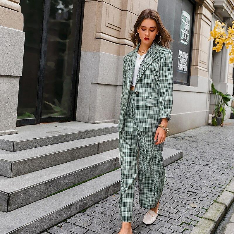 Elegant Plaid Two-pieces Women Blazer Suit Casual Female Blazer Set-Wear To Work Sets-Arimonz-Arimonz