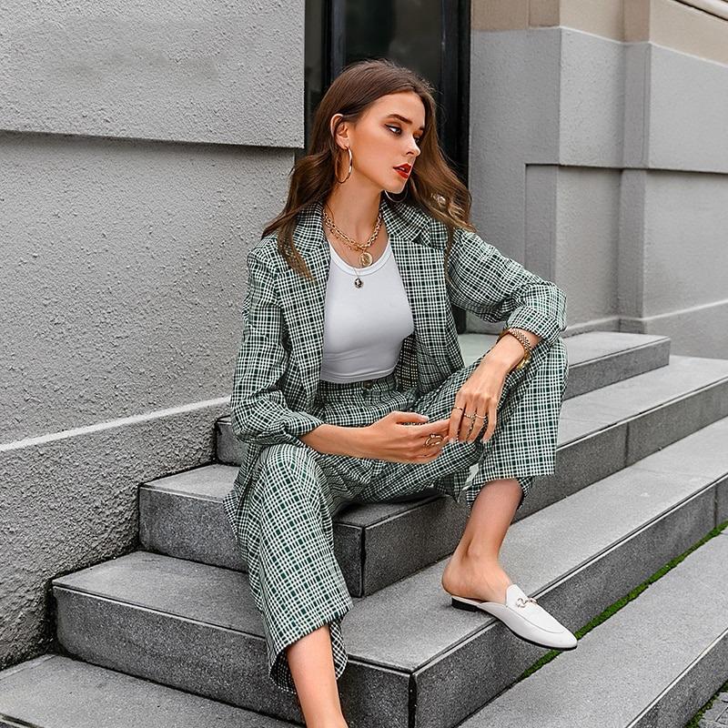 Elegant Plaid Two-pieces Women Blazer Suit Casual Female Blazer Set-Wear To Work Sets-Arimonz-Arimonz