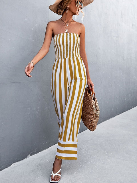 Elegant Strapless Jumpsuit Long Women Black Overalls Wide Leg Rompers-Night Out Jumpsuits & Rompers-Arimonz-Yellow-S-Arimonz
