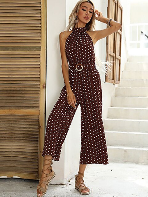Elegant Women Jumpsuit Casual Polka Dot Print Wide-leg Long Romper-Night Out Jumpsuits & Rompers-Arimonz-Burgundy-S-Arimonz