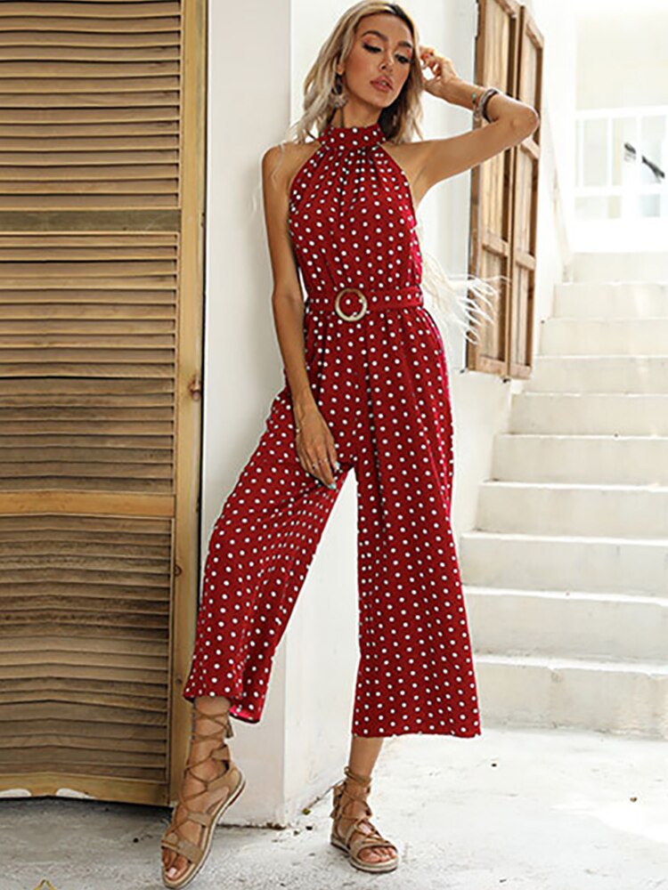Elegant Women Jumpsuit Casual Polka Dot Print Wide-leg Long Romper-Night Out Jumpsuits & Rompers-Arimonz-Arimonz