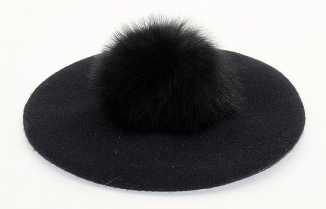 Elizabeth Knitted Wool Beret with Pompom-Hats-Arimonz-Black-Arimonz