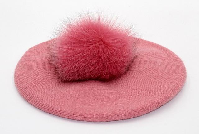 Elizabeth Knitted Wool Beret with Pompom-Hats-Arimonz-pink-Arimonz