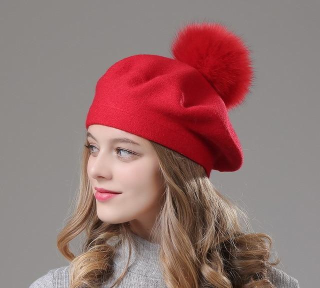 Elizabeth Knitted Wool Beret with Pompom-Hats-Arimonz-Red-Arimonz
