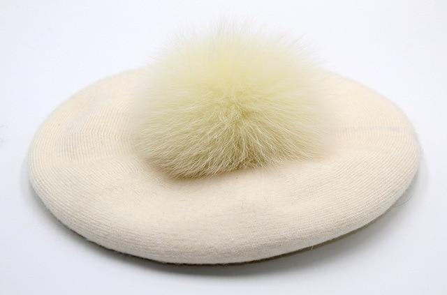 Elizabeth Knitted Wool Beret with Pompom-Hats-Arimonz-White-Arimonz